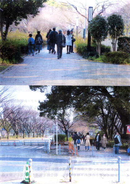 地下鉄市役所駅から東門への遊歩道と名古屋城東門駐車場から地下鉄市役所方面を望む